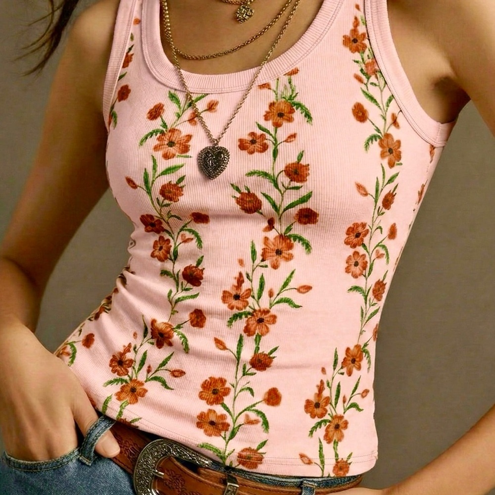 NWOT Women’s/Juniors Un-branded Boutique Pink Floral Ribbed Tank Top - Size XL